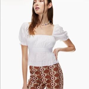 ARITZIA SUNDAY BEST Janis 100% Cotton White Babydoll Smocked Peasant Blouse Top
